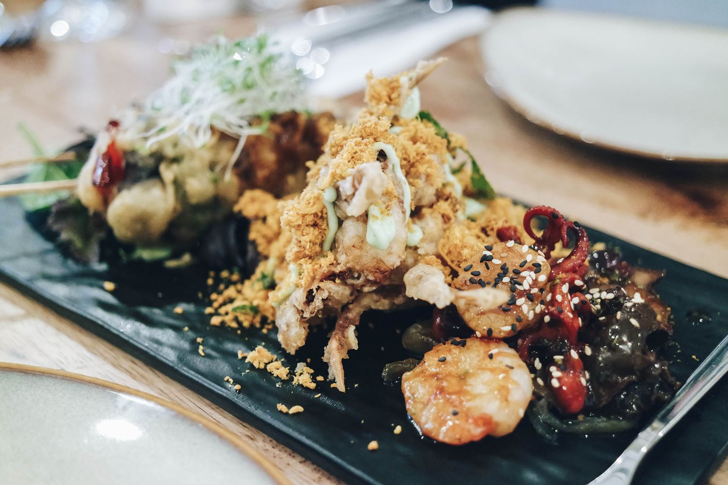 Mushroom Skewers, Shiitake mushrooms, Deep-fried Soft Shell Crab with Curry Chicken Floss, Quad Seafood